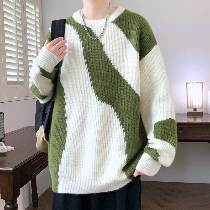 Men s Color-Block Knit Sweater – Trendy, Loose-Fit for Autumn/Winter Medium