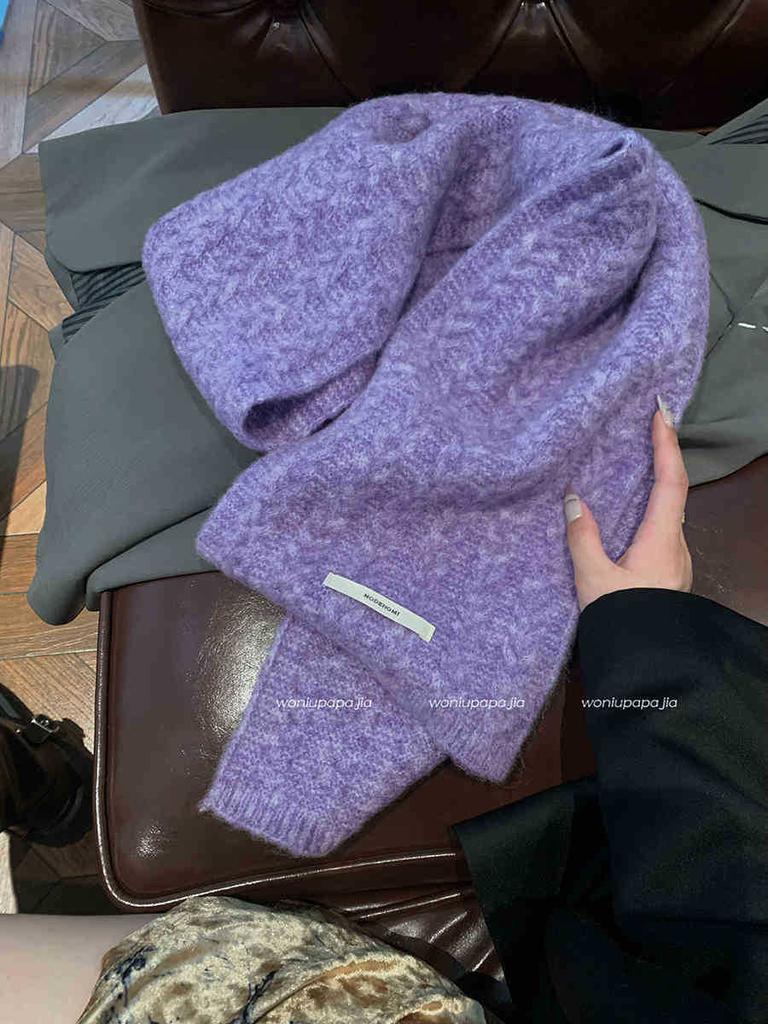 Winter Wool Soft Waxy Scarf Women'S Knitting Solid Color Retro Warm Thickened Windproof Shawl