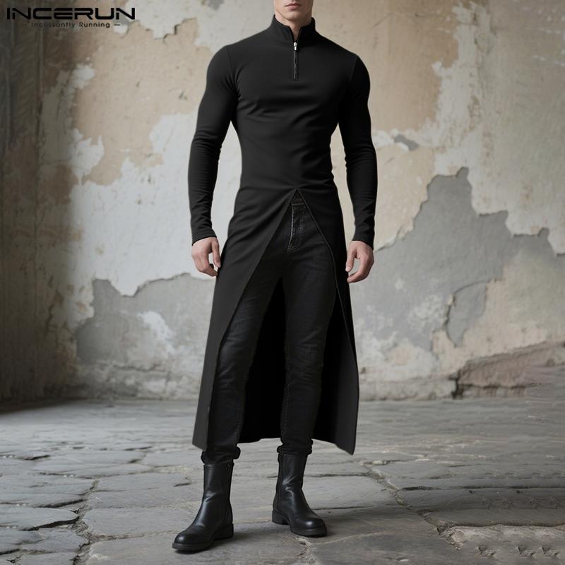 INCERUN Men Turtleneck Long Sleeve Zip-ip High Splits Long Tunic Tops Pullovers