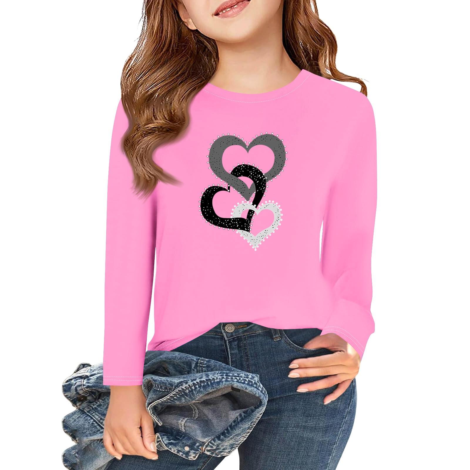 

Футболки с длинным рукавом для девочек Love ко Дню святого Валентина, детские осенние топы с круглым вырезом, базовые футболки для детей 5-14 лет 160 розовый