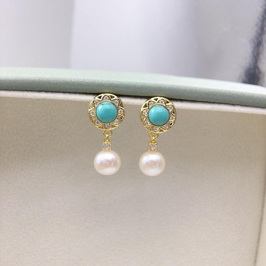 Zhuji Vintage Court Turquoise Freshwater Pearl Earrings with Micro-Paved Zircon