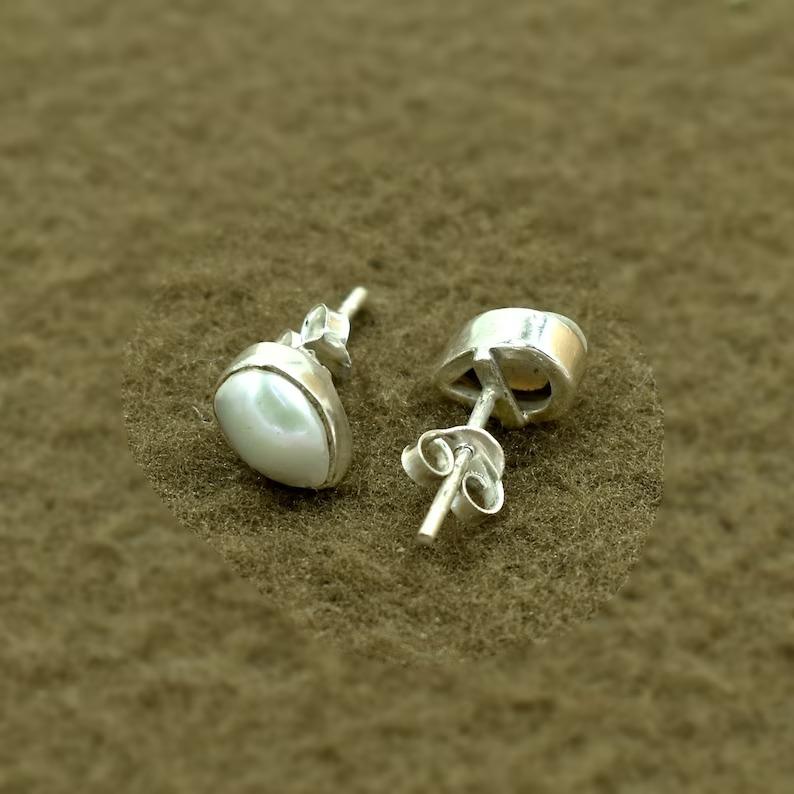 White Pearl Pear Gemstone Stud, Solid 925 Sterling Silver stud, Gift For her, Gemstone Stud, Anniversary Gift, Silver Jewelry