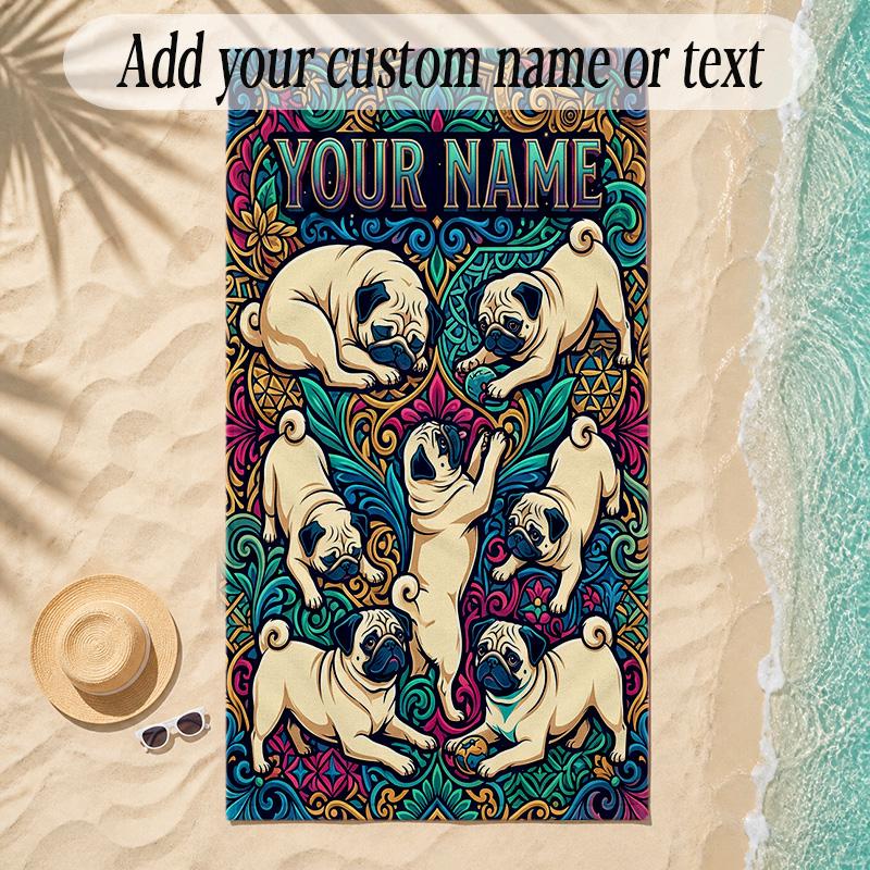 Pug Theme Soft Beach Towel Personalized Custom Name Text Towel Portable for Beach Pool Travel