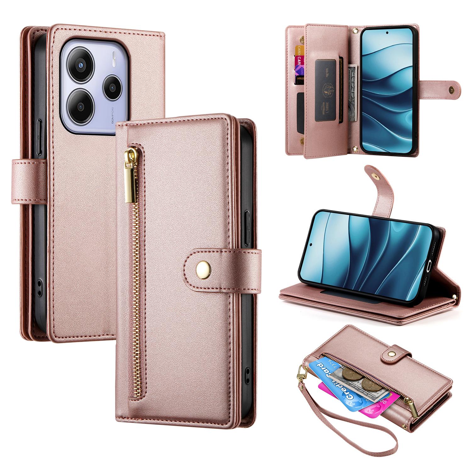 

DF-011 для Xiaomi Redmi Note 14 4G (163,25x76,55x8,16 мм) Чехол-кошелек с карманом на молнии, кожаный чехол для телефона с ремешками Pink