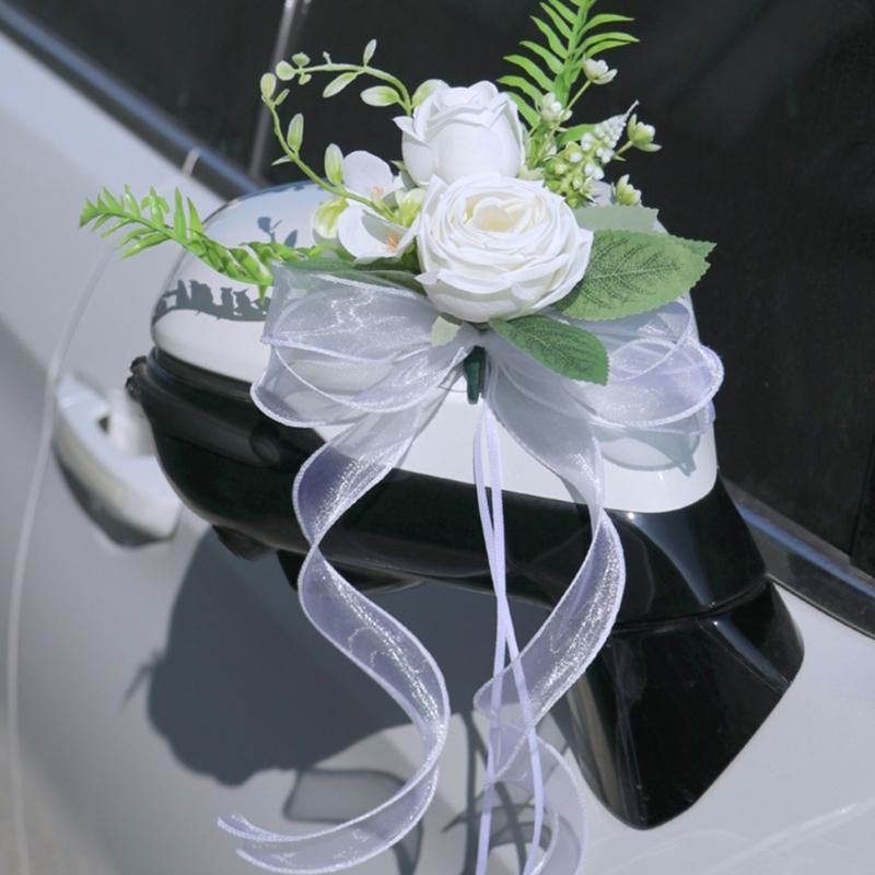 Elegant Blue Bridal Car Mirror Plant Ornament Synthetic Cloth Arrangement For Outdoor Wedding Event