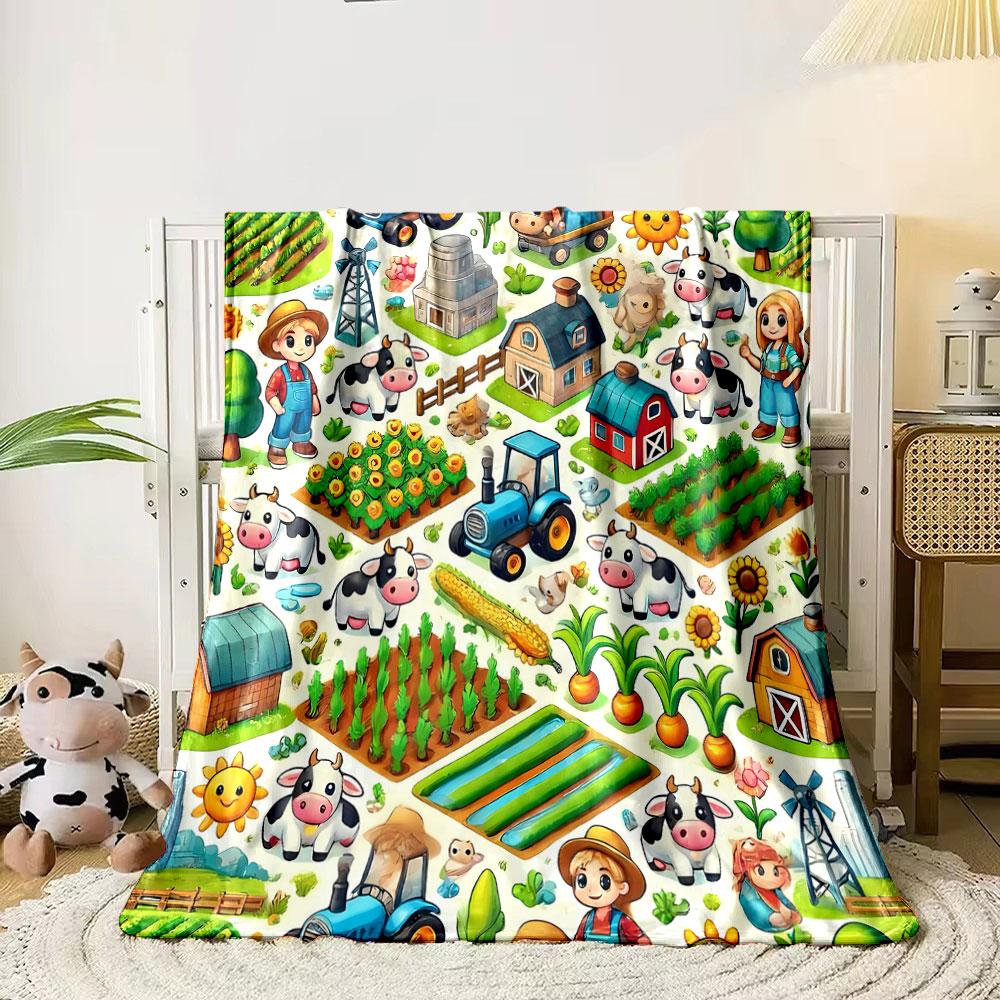 Adorable Farm Themed Blanket with Cows Tractors and Crops Blanket for Livingroom Couch Lunch Break Soft Throw for Friend's Festival Gift