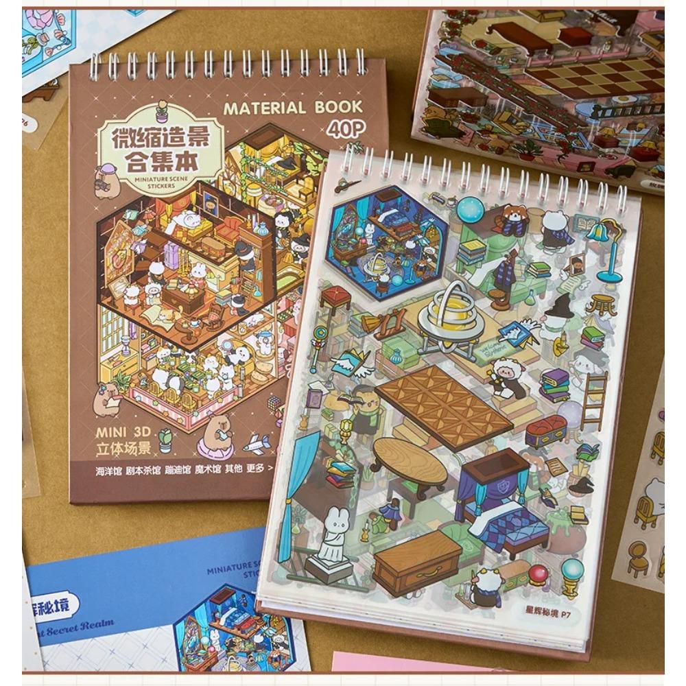 3D Miniature Scene Sticker Book, 40pcs/bag Micro Landscape Decals for DIY Dollhouse Journal Scrapbooking Creative Gifts