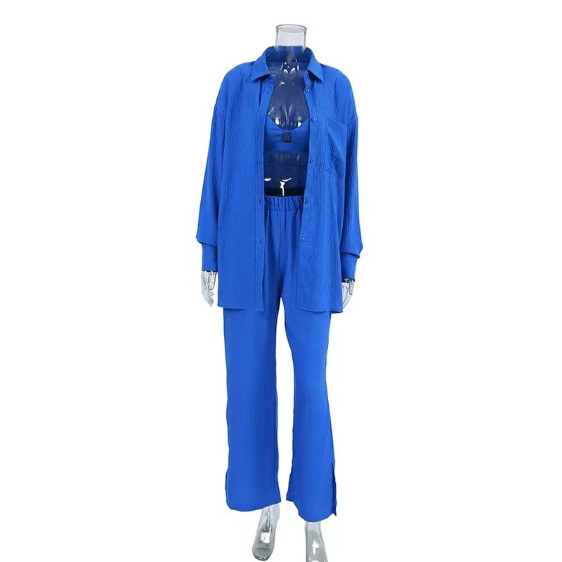 

European and American Solid Loose Top Underwear and Trousers Three-Piece Home Wear Fashion Three Piece Set Blue S