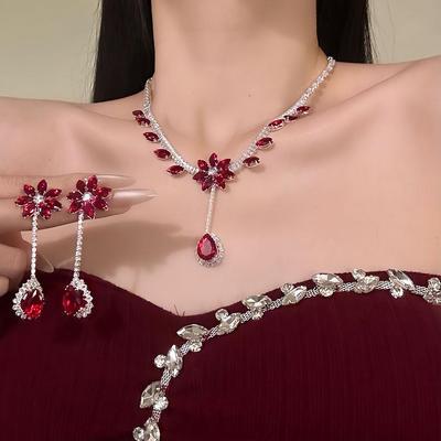 Luxury Zirconia Flower Tassel Earring & Necklace Set - Geometric, Fashionable, High-End Clavicle Chain.