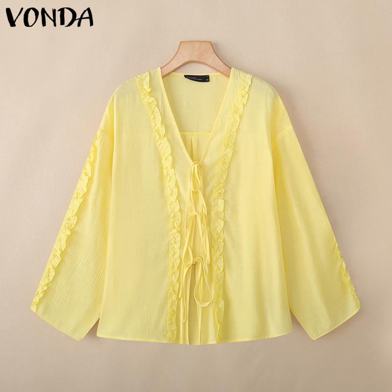VONDA Women V Neck Long Sleeve Lace Up Ruffled Hem Semi-Sheer Shirts Blouse