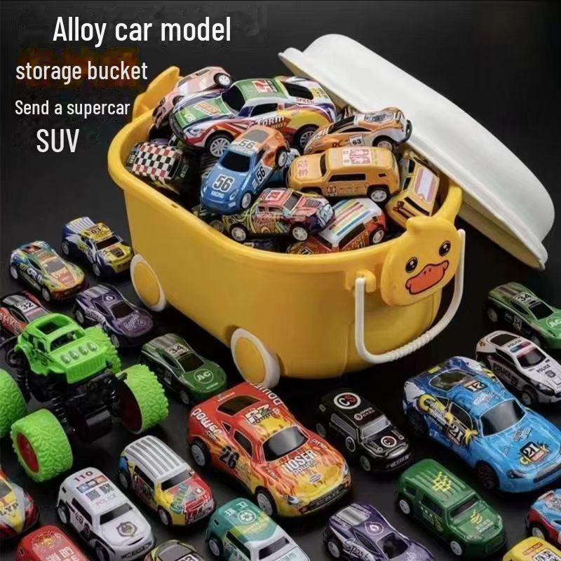 Metal Car Storage Barrel with Pull-back Action, Iron Green Toy Car In Mini Children's Box.