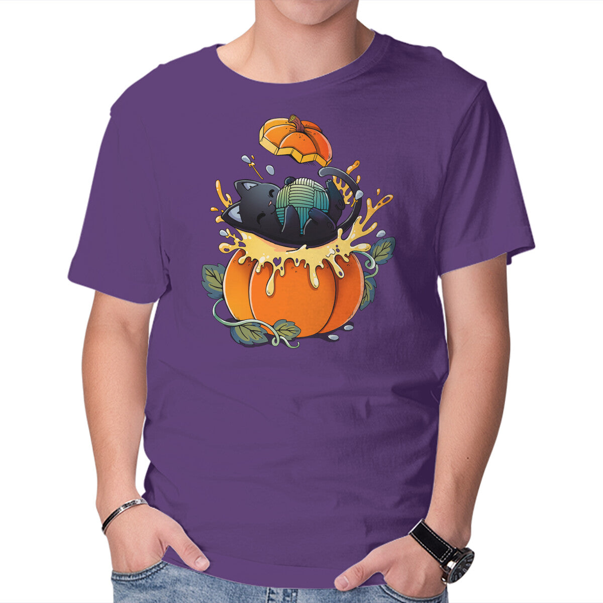 Unisex Crew Neck T-Shirt Pumpkin Kitty Graphic Short Sleeve Casual Tee M