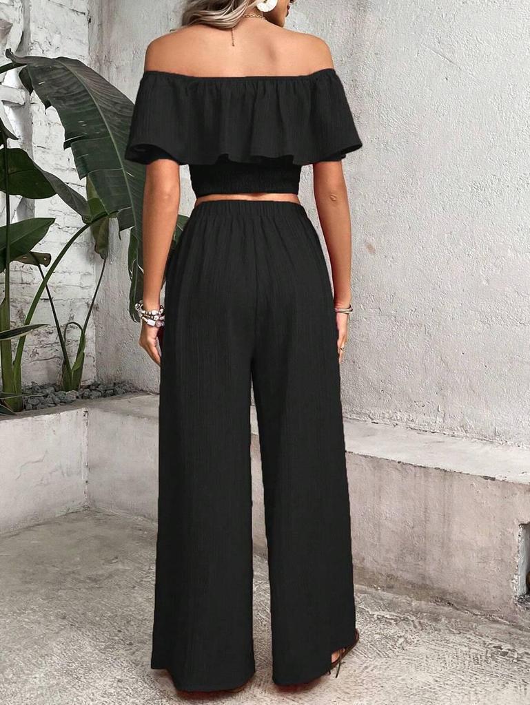 2026 Women's Off-Shoulder Ruffle Crop Top and Wide-Leg Pants Set