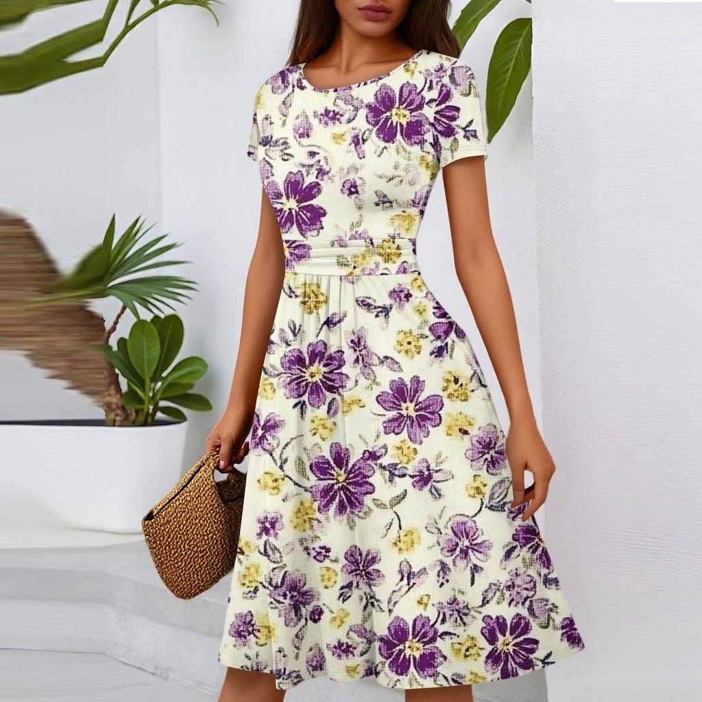 Women's Casual Fashion Round Neck Pleated Short Sleeve Floral Print A-Line Midi Dress