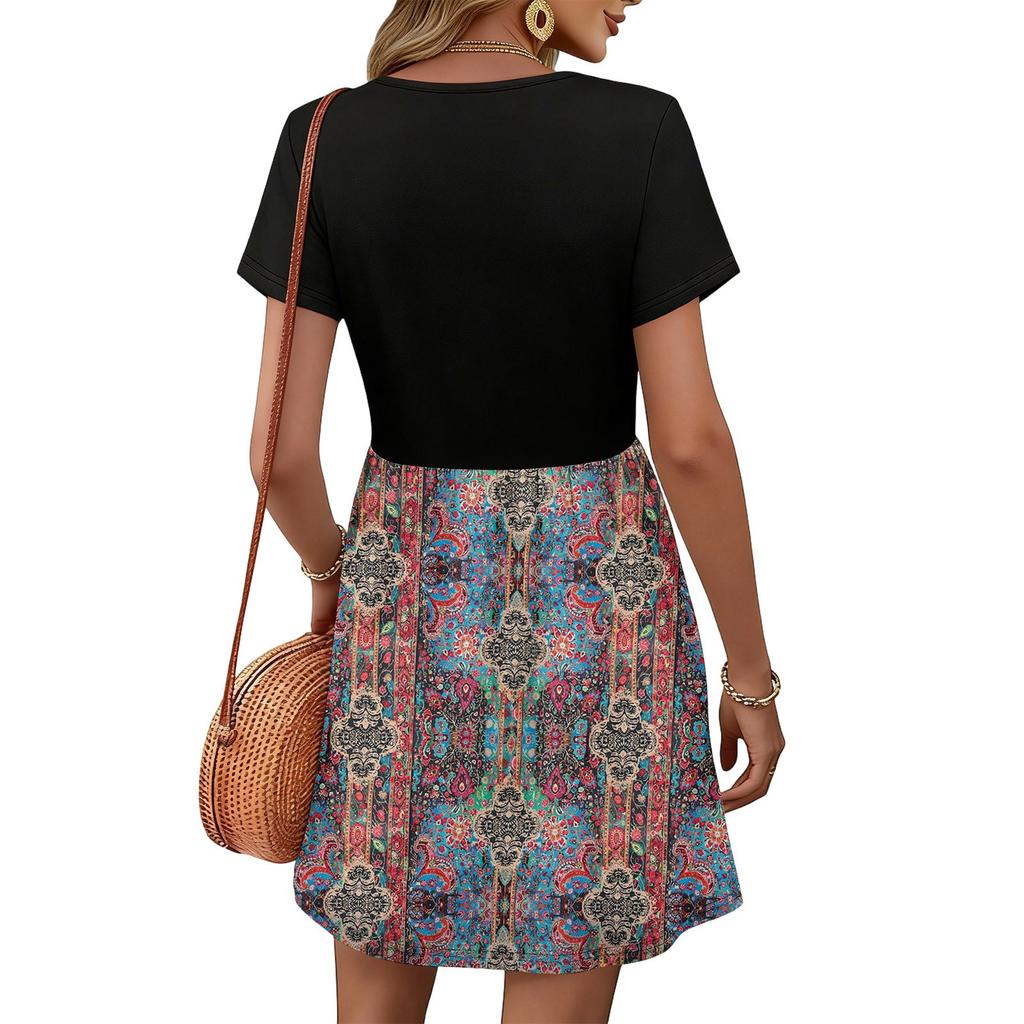 Women's Fashionable Casual Square Neck Retro Print Summer Dress