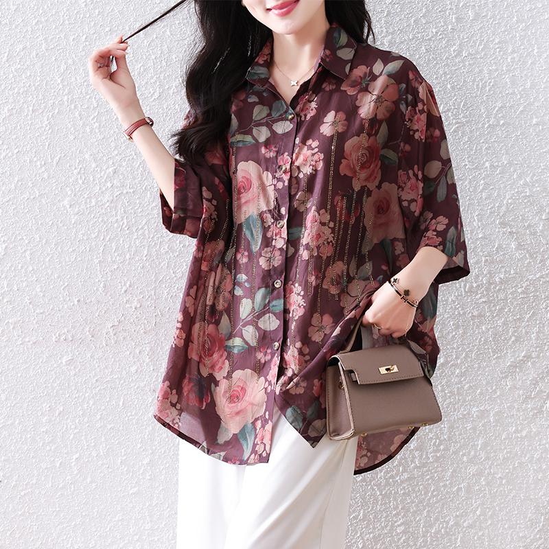 

Dimanaf Лето 2025 Блузка в цветочек больших размеров Футболка оверсайз Женские свободные топы Футболки Мода Новая рубашка 5XL фиолетовый