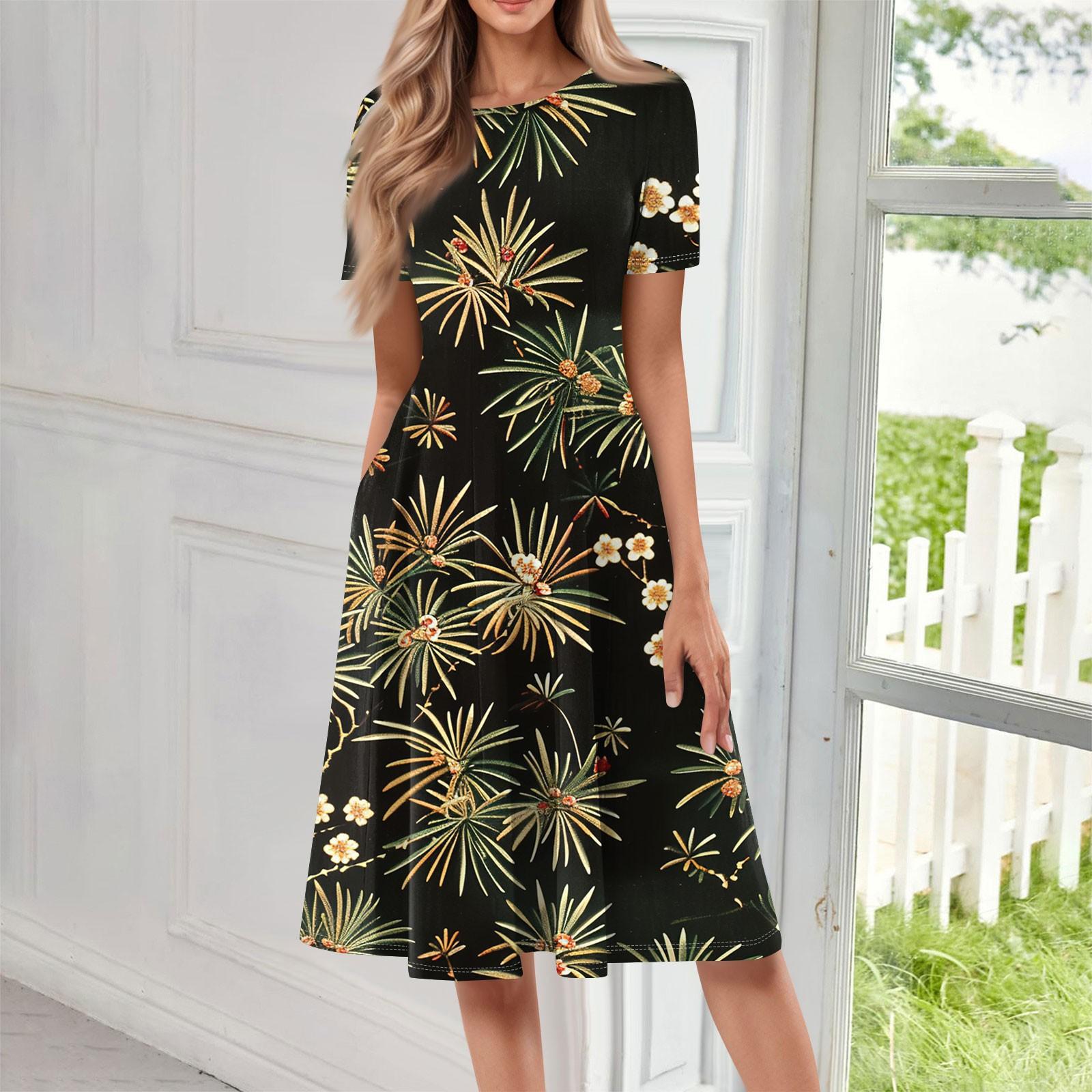 

Женское свободное повседневное и модное платье с круглым вырезом и короткими рукавами, средней длины с принтом L чёрный