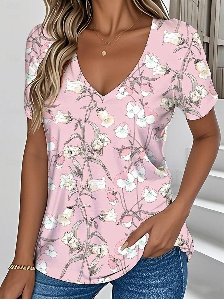 3D Printed Short Sleeve Floral Retro Printed Women's V-Neck Pullover T-Shirt Summer Loose Women's Casual Short Sleeve Top