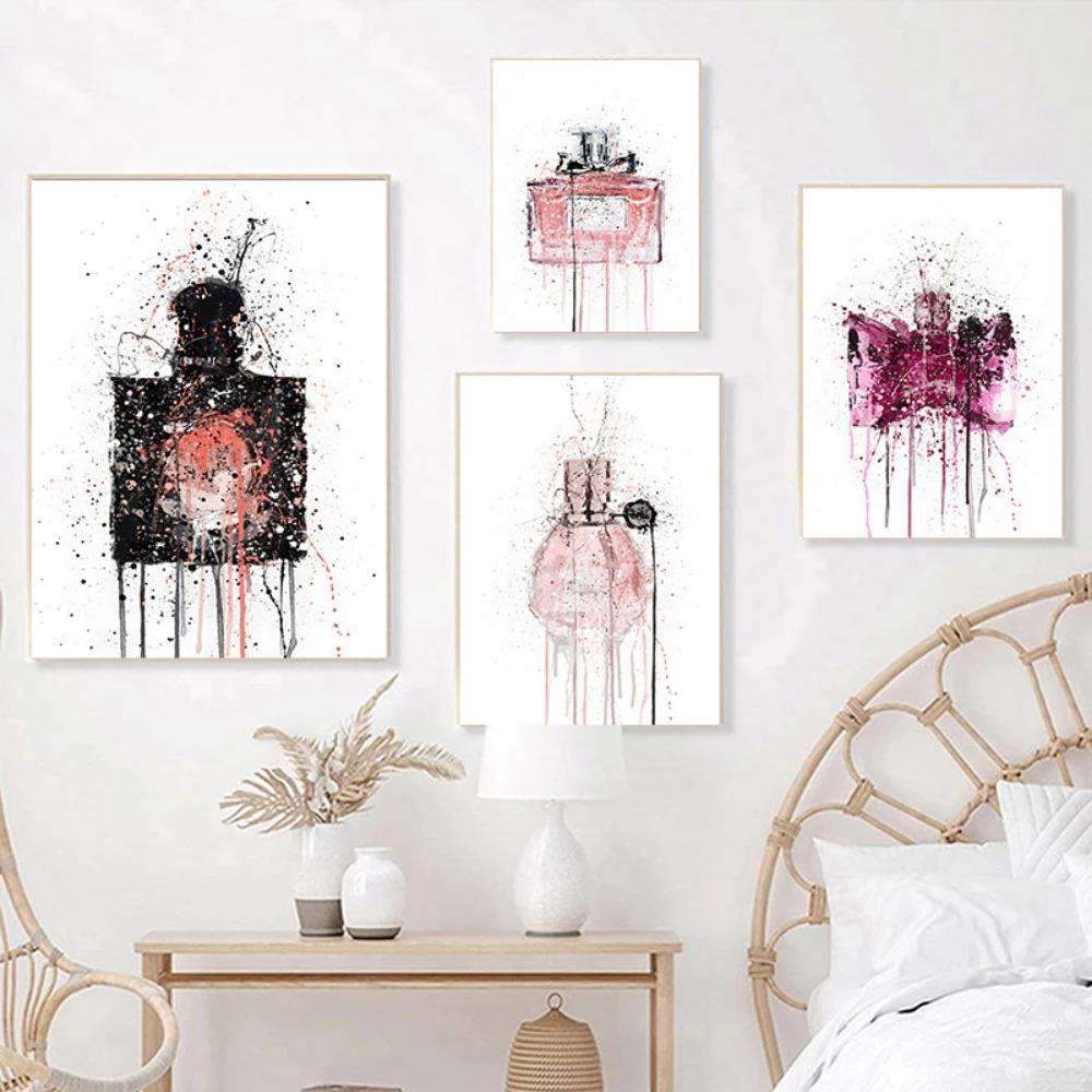 Watercolor Perfume Bottle Prints and Poster Perfume Flower Wall Art Fashion Pictures Canvas Painting for Girls Room Modern Decor