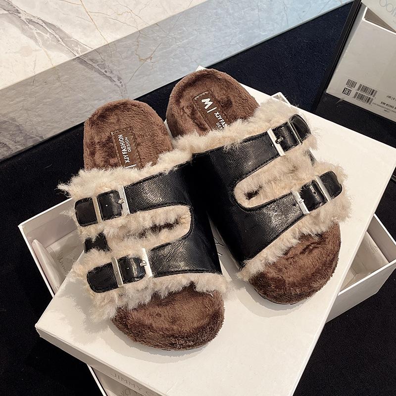 

Тапочки Birkenstock 2025 новые тапочки с интегрированным мехом женские пушистые тапочки на толстой подошве корейская версия модные уличные тапочки 40 чёрный