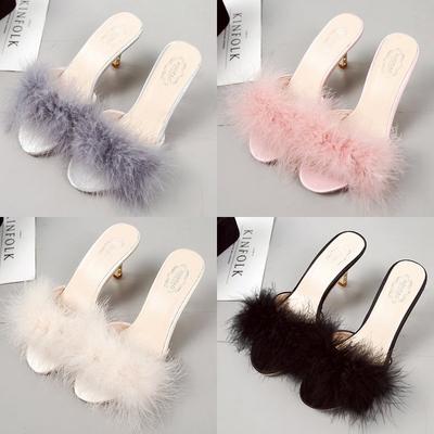 Donna Dolce Pelliccia Sintetica Tacco Cristallo Ciabatte Moda Donna Trasparenti Sandali Tacco Alto a Coppa