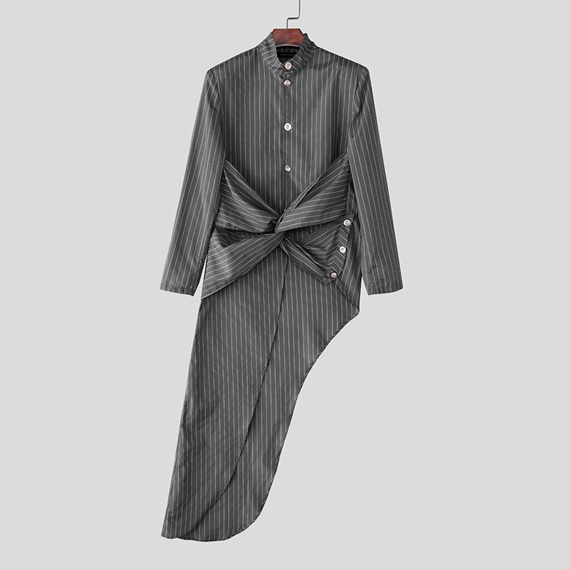 

INCERUN Men Stand Neck Long Sleeve Striped Splits Irregular Hem Long Tunic Shirts Tops 5XL чёрный