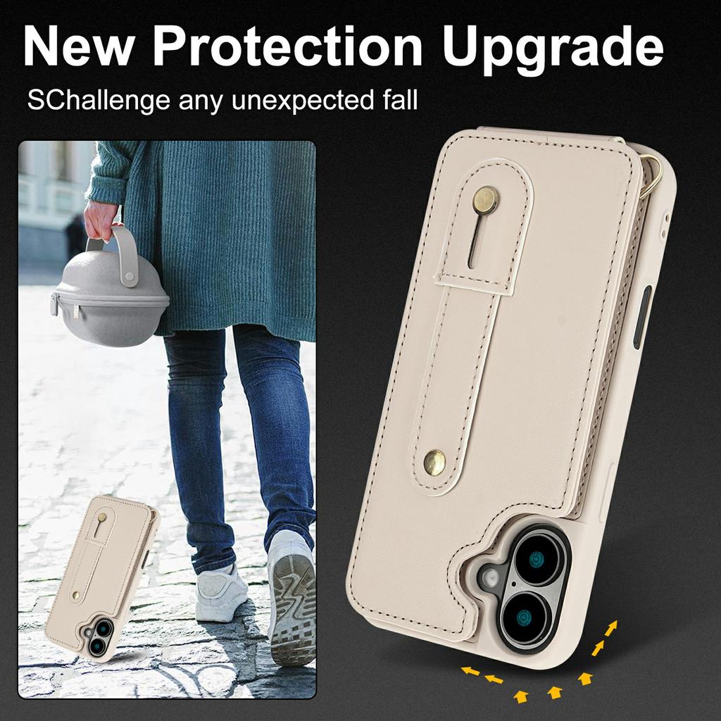 Für iPhone 17 Hülle Ständer Kartenfächer Lederbeschichtete TPU-Hülle mit Schultergurt