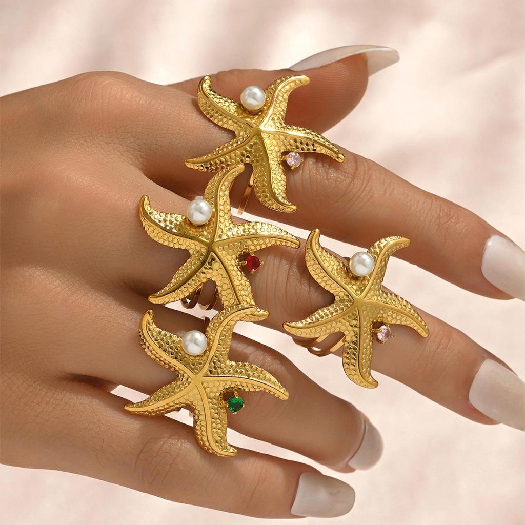 Stainless Steel Starfish Rhinestone Ring: Versatile Beach Vacation Style with Zircon Highlights