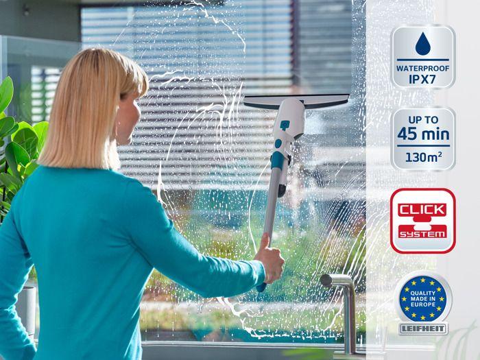 Aspirateur à vitres et salle de bains Leifheit Nemo 51042, lave vitres électrique à boîtier étanche, adaptateur Click System, blanc