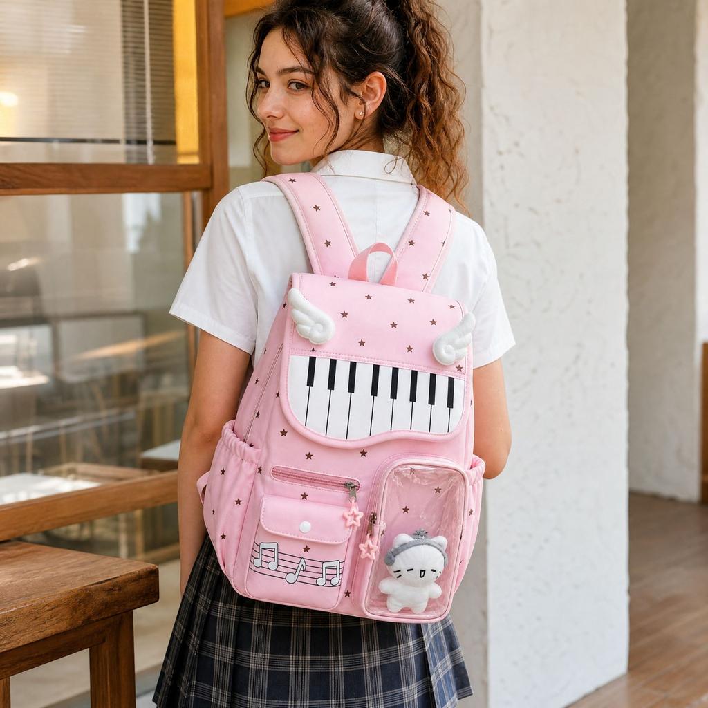 Star Print Student Backpack with Pendant for School, Cute Daypack for Girls and Boys