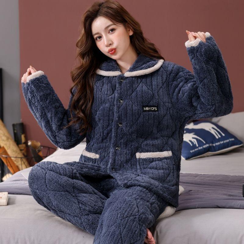 Pajamas women's winter three-layer thickened models fleece coral fleece warm padded cotton autumn and winter women's loungewear