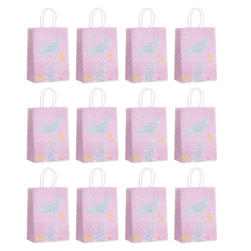 12pcs Mermaids Print Paper Gift Packaging Bag Ocean Themed Party Favors Bags with Handle Holiday Celebration Supplies
