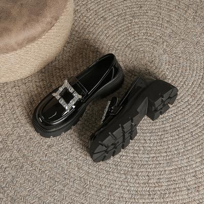 Patent Leather Small Leather Shoes Womens Thick-soled Autumn and Winter New British Style Lok Fu Shoes Rhinestone Square Buckle Joker Shoes