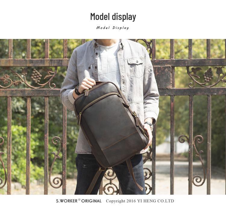 Retro Casual Crazy Horse Leather Double Shoulder Backpack, Genuine First Layer Cowhide for Men.