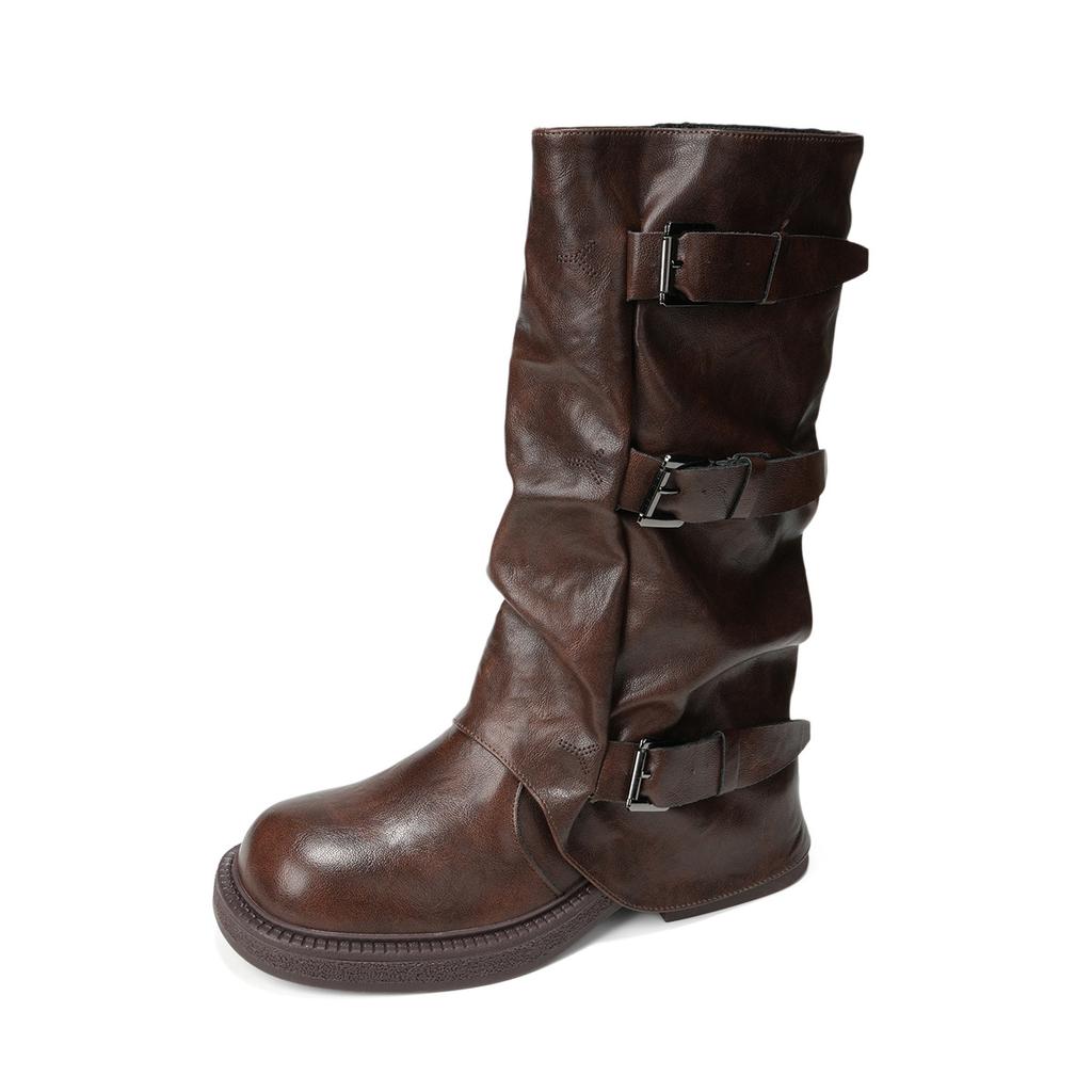 Round head retro thick-soled trouser boots women's 2025 new winter niche design boots pleated stacking boots boots boots