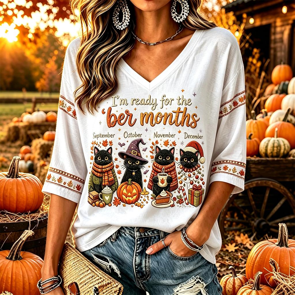 Women's Casual Thanksgiving Print V-Neck Long Sleeve Pullover Top for Fall and Winter