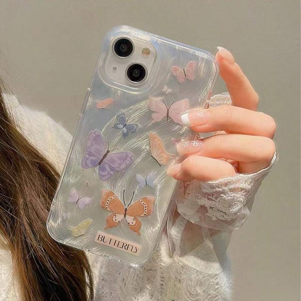 Colorful Butterfly Feather Phone Case For iPhone 15 14 13 12 11 Plus Pro Max Cartoon Strawberry Pattern Phone Case