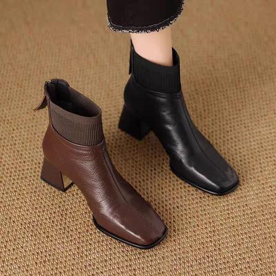 Retro Fashion Square Toe Short Boots Women's Autumn and Winter Mid High Heels Knitted Yarn Mouth Fashion Slim Boots