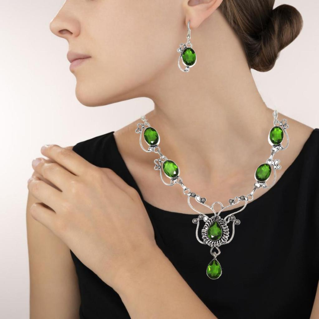 Peridot Quartz Gemstone Birthday Gift Jewelry Necklace & Earrings 18-20''