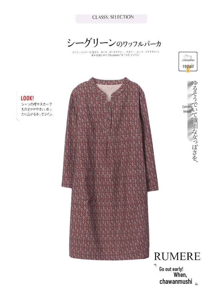 2025 New Style V-Neck Printed Dress for Women - Age-Reducing, Belly-Covering, Loose Casual Wear for Middle-Aged Moms in Spring & Autumn