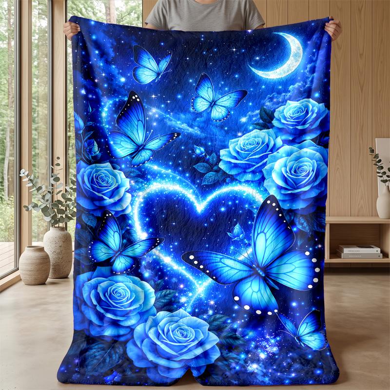Blue Rose and Butterflies at Night blanket Personalized Name Flannel Blanket Soft Cozy Plush Throw for Sofa Bed Lightweight Home Decor