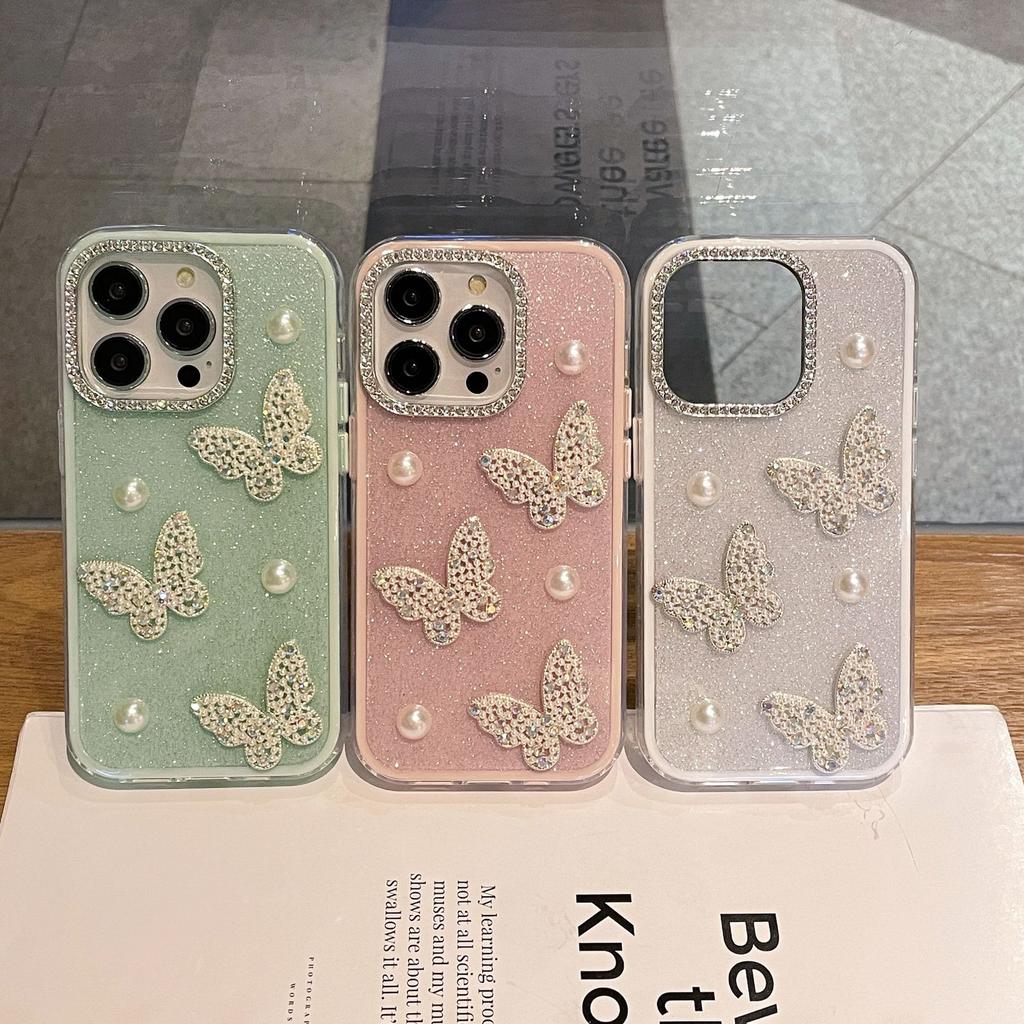 Ins Japan and Korea Flash Diamond Pearl Butterfly for iPhone16promax Mobile Phone Case Apple 15pro New 12 Flash