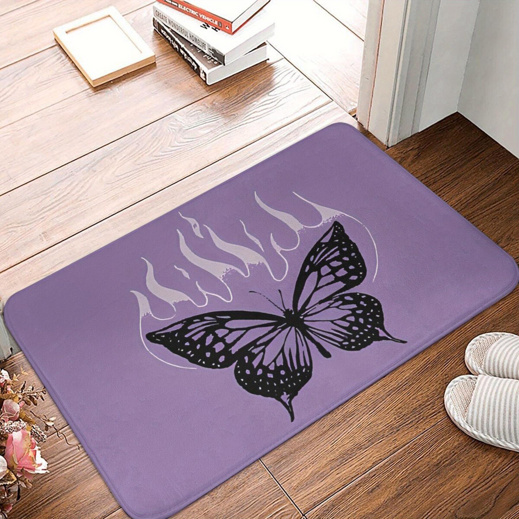 

Purple Mat with Black Butterfly Silhouette and White Abstract Flame Motif, Stylized Graphic Polyester Rug for Indoor Home Decor 40x60cm