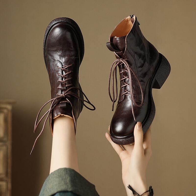 Fashion NEW Autumn/Winter Women Boots Genuine Leather Shoes for Women Round Toe Chunky Heel Shoes Lace-up Riding Boots Black Ankle Boots