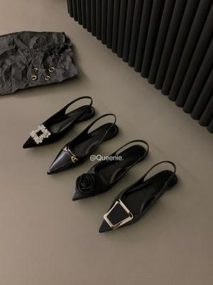French Flat Black Sandals 2025 Spring And Summer Pointed Rhinestone Temperament Single Shoes Elegant And Generous Delicate Classic Women's Shoes