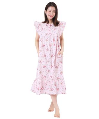 SAZAC Marron Cream Cotton Flower Marron Cream Women's One-Piece Nightgown, 100% Broadcloth, Button-Front Pajamas, Loungewear, (Pink/M-L/SAN1802)