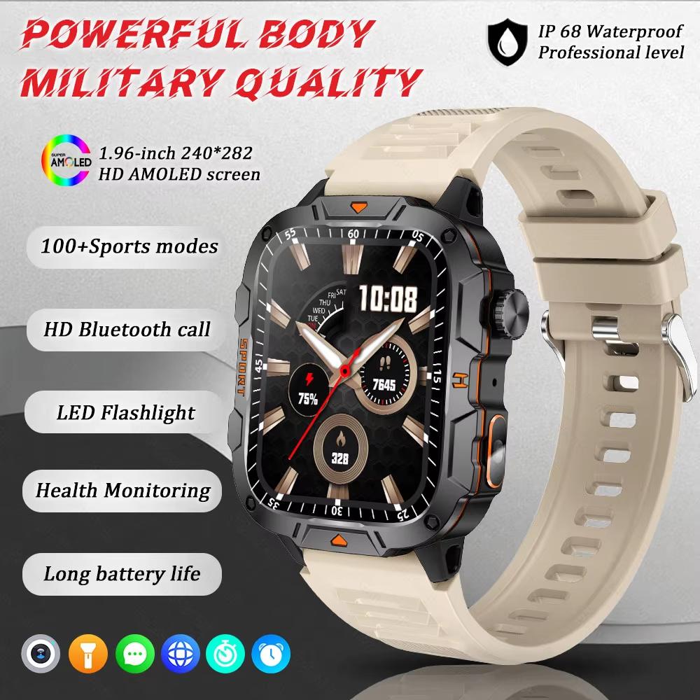 2025 New Military Grade Smart Watch Men 1.96" AMOLED Screen 5ATM Waterproof Sports Fitness Tracker BT Call Smartwatch For Xiaomi