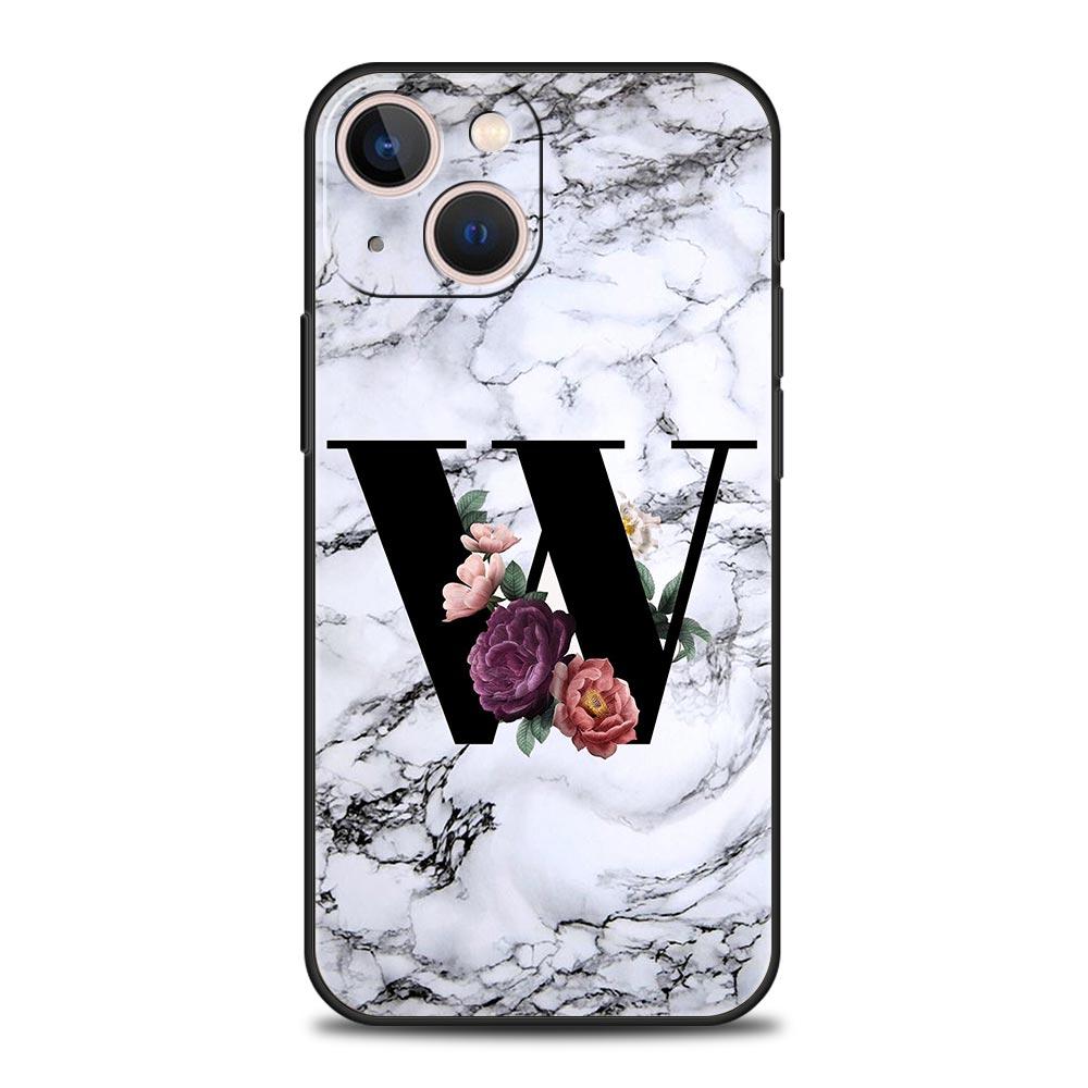 Letters Flower English Marble Phone Case For iPhone 17 16 15 Pro Max 11 12 13 14 7 8 Plus SE 2020 X XR XS Cover Soft Black