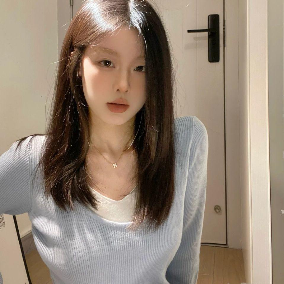 

Женский трикотажный топ с V-образным вырезом: Имитация двойки, длинный рукав, контрастные цвета для осени, зимы и весны One Size синий