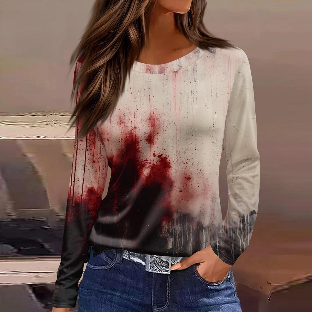Women's Fashion Casual Slit Hem Round Neck Long Sleeve Loose Halloween Printed T-Shirt Ladies Top